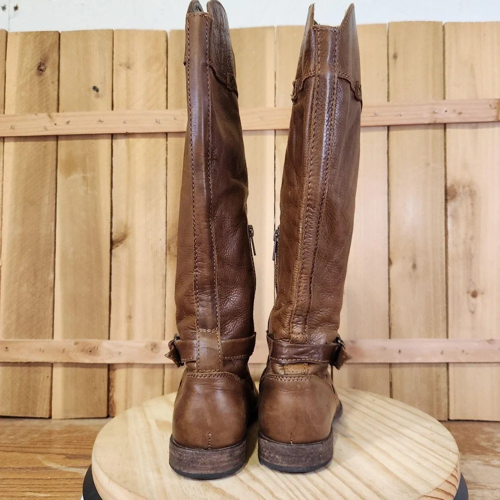 Frye Phillip Riding Boots Womens 8.5 B Brown Leather Knee High Side Zip Buckle